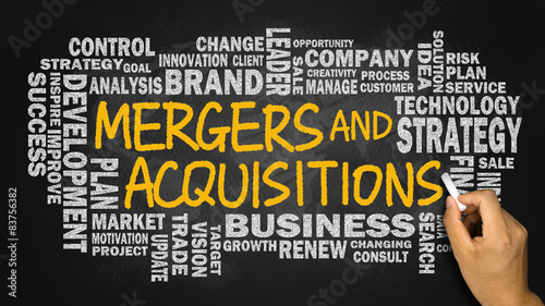 mergers and acquisitions with business word cloud handwritten on