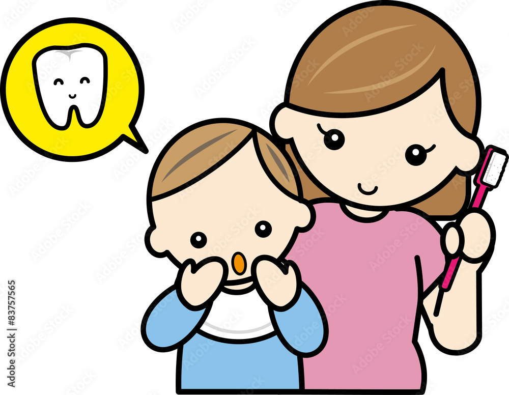 乳歯を歯ブラシで磨くママと赤ちゃん