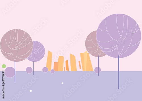 Pink-purple warm evening city. Vector