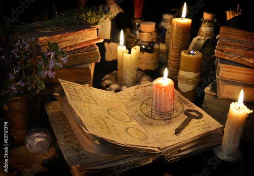 Obraz na płótnie Halloween still life with candles and magic objects