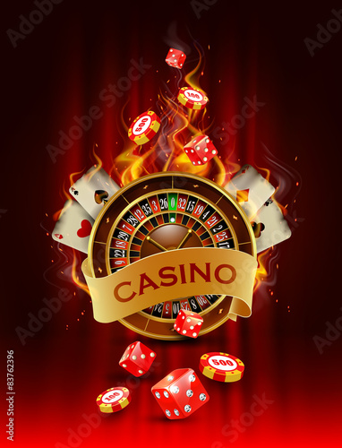 Casino background with cards, chips, craps and roulette. 