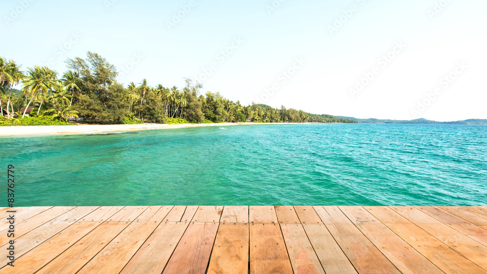 Wooden plank beside tropical beach at Koh Kood island,Thailand