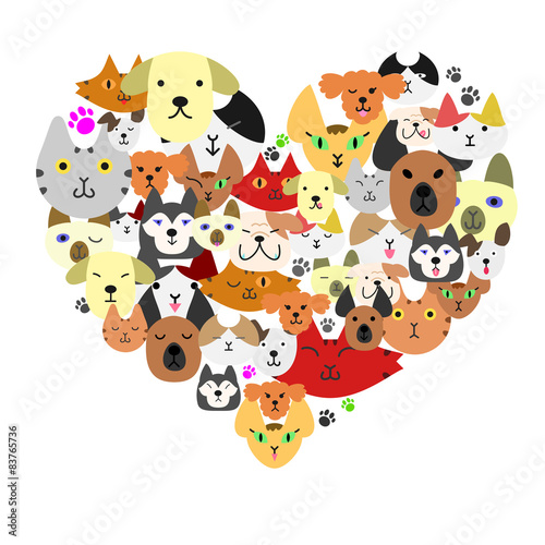 Fototapeta Naklejka Na Ścianę i Meble -  Dogs and cats face in heart-shape