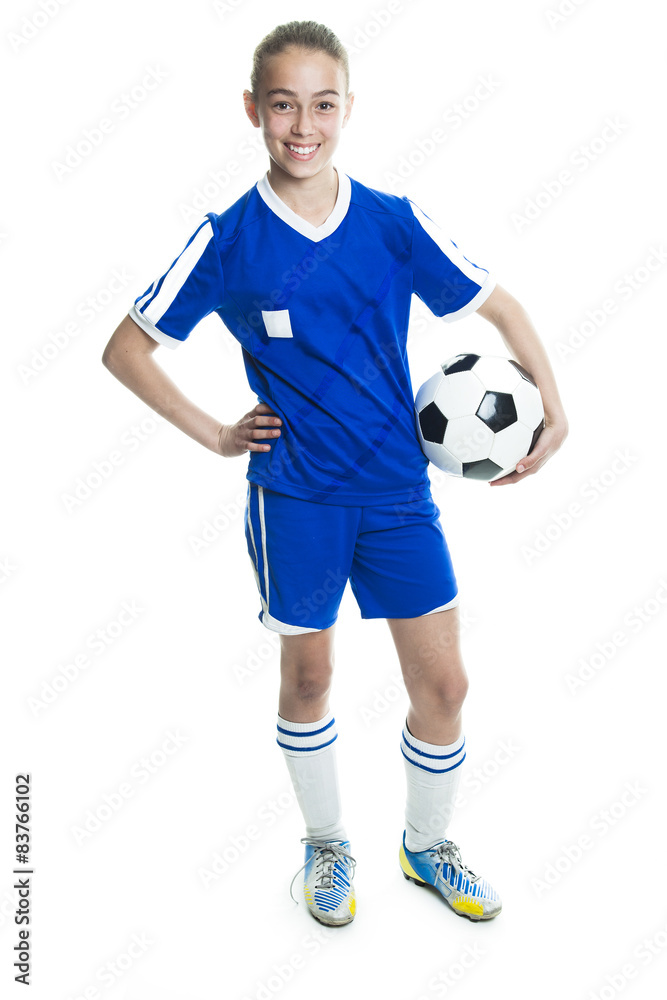 girl in sport wear with football isolated on white background