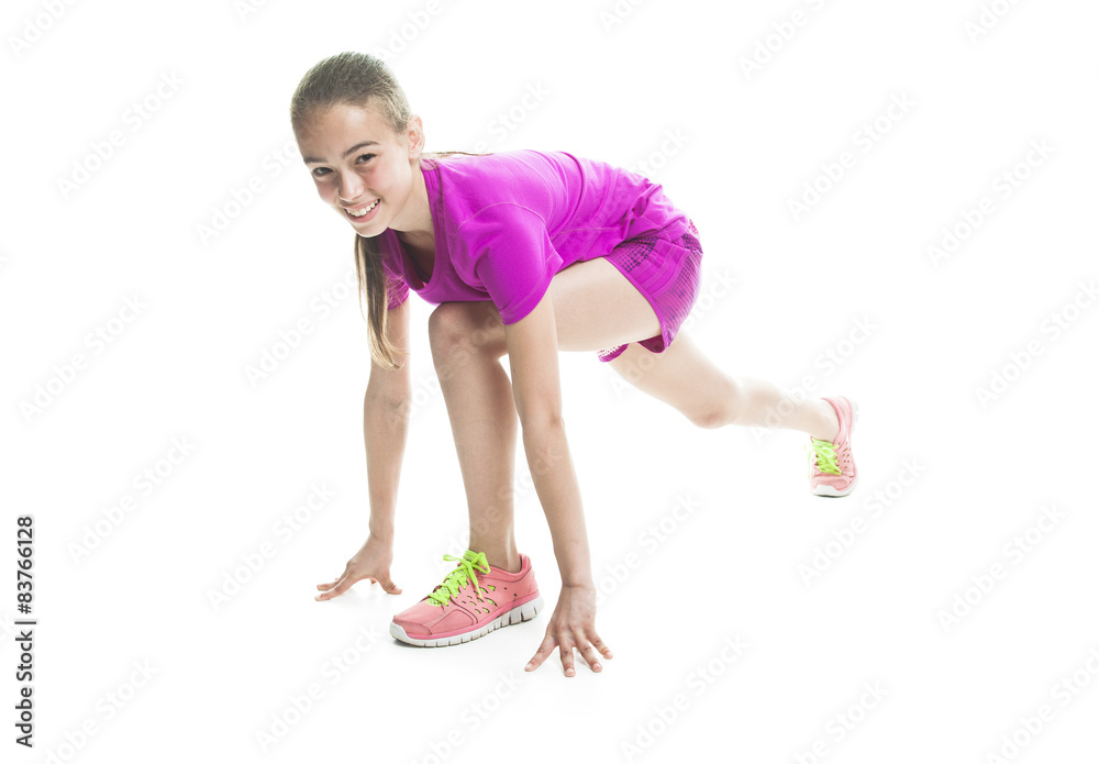 running young girl in sport cothes, white background running young girl in sport cothes, white background