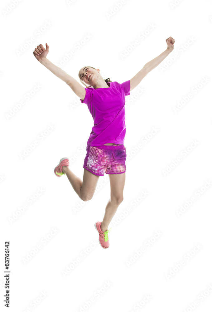 running young girl in sport cothes, white background running young girl in sport cothes, white background