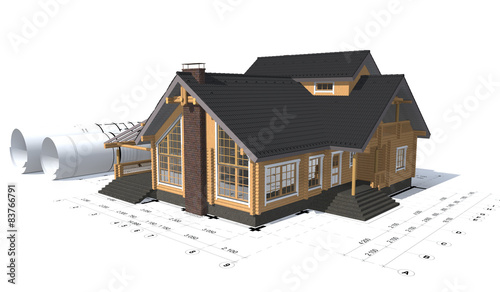 3D rendering of a house project on top of blueprints