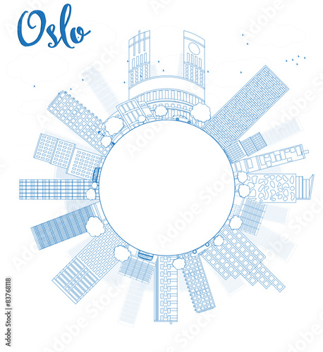 Outline Oslo Skyline with Blue Building and copy space