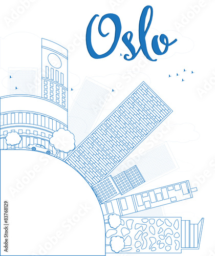 Outline Oslo Skyline with Blue Building and copy space