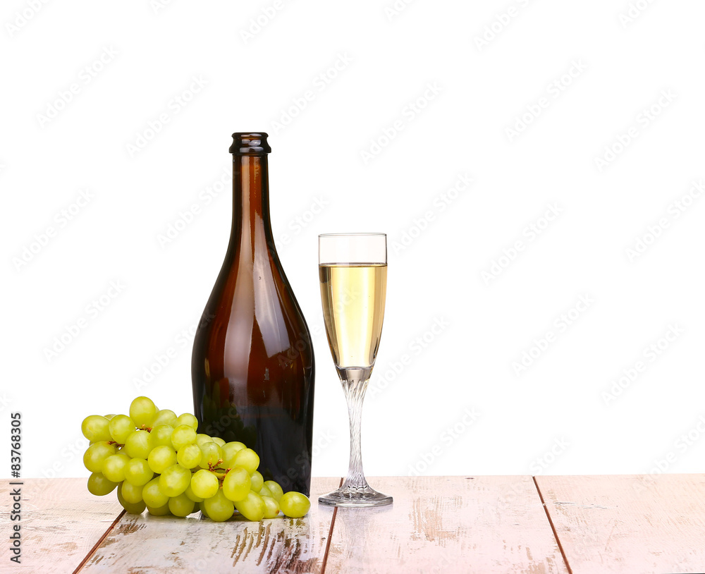 glass of wine, a glass of wine and grapes on board isolated 