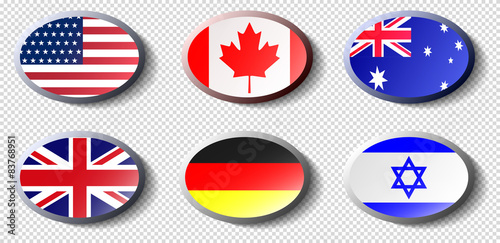 button flag USA, UK, Canada, Israel, Australia, Germany