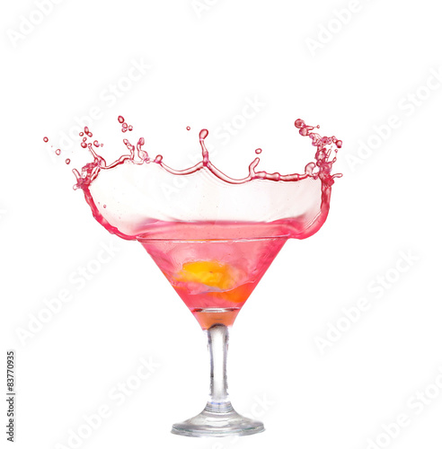 Fresh pink cocktail, lemon isolated on white splash