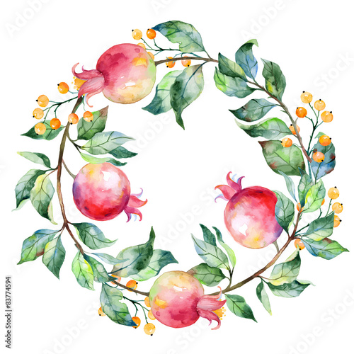 Vector round frame of watercolor pomegranate and berries. 