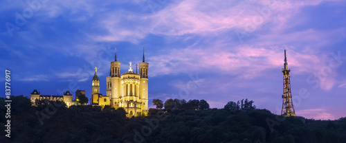 Blue hour on the cathedral Fourviere to Lyon city