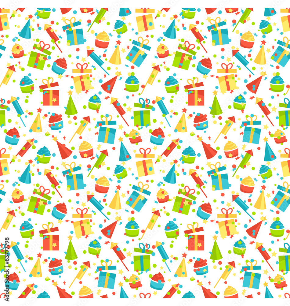 Seamless bright fun celebration festive pattern isolated on whit Seamless bright fun celebration festive pattern isolated on whit