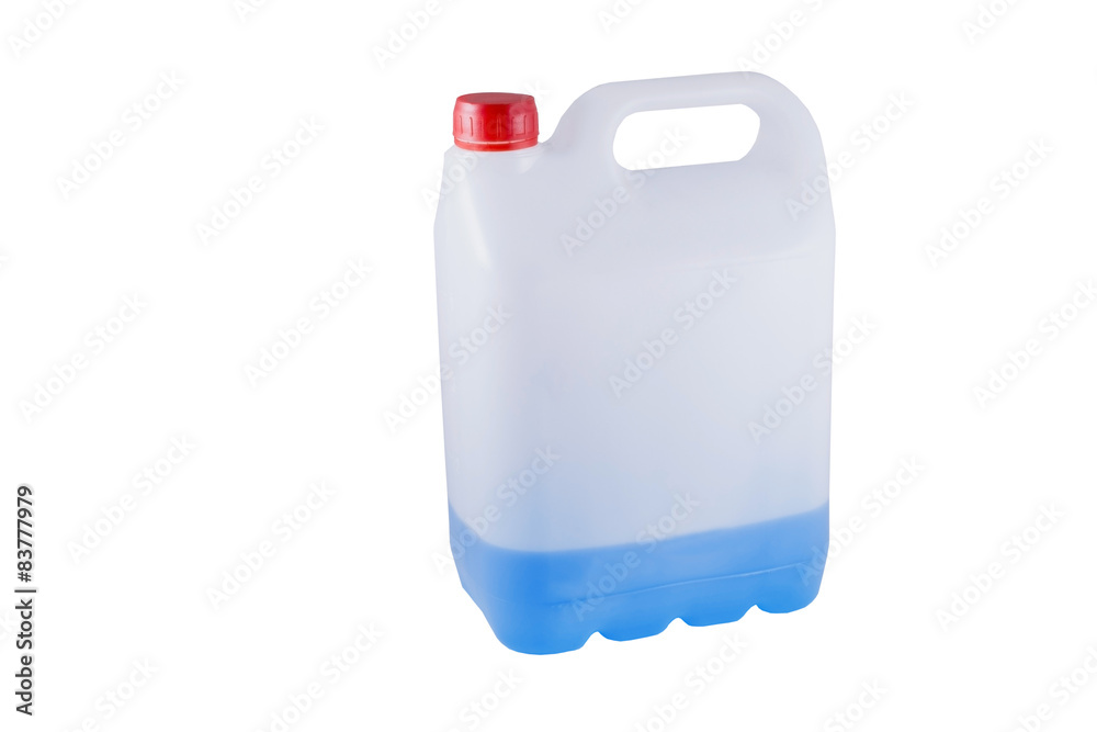 white plastic canister with blue liquid