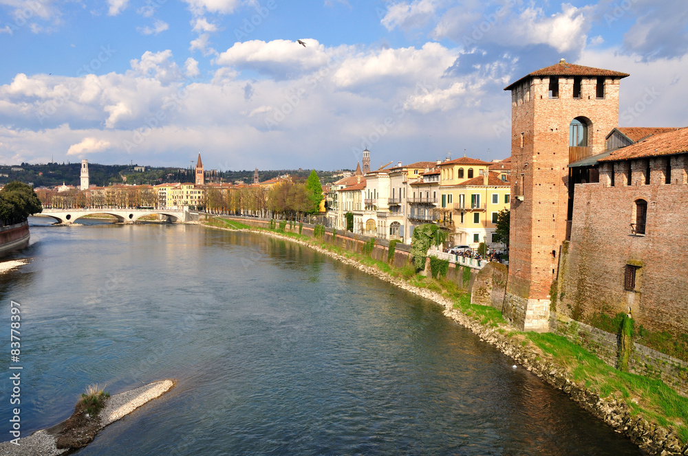  Verona town, adige river and  castelvecchio castle. Italy.  