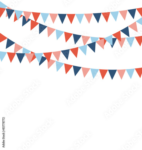 Multicolored bright buntings flags garlands isolated on white ba