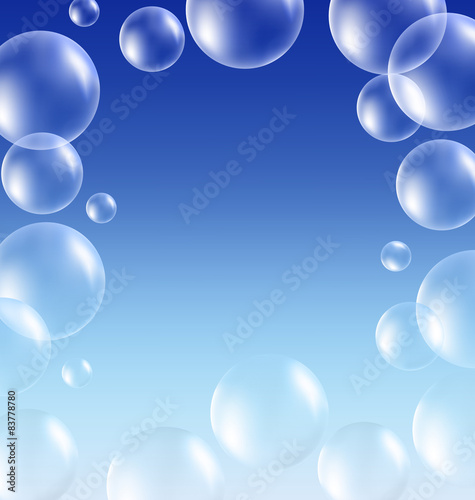 Transparent soap bubbles like frame on blue background