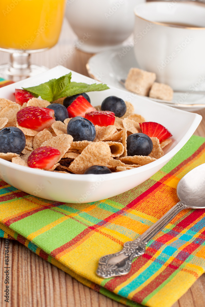 delicious breakfast with orange juice, coffee and muesli with be delicious breakfast with orange juice, coffee and muesli with be