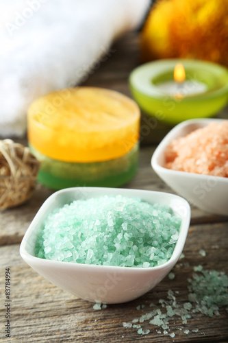 Sea salt on wooden background