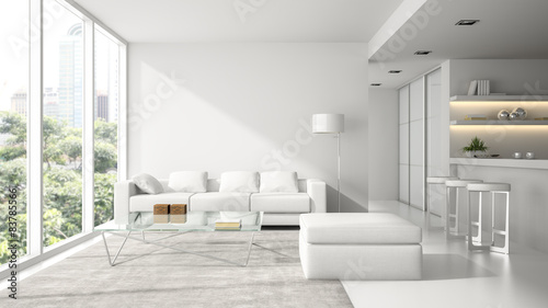 Interior of the modern design loft in white 3D rendering