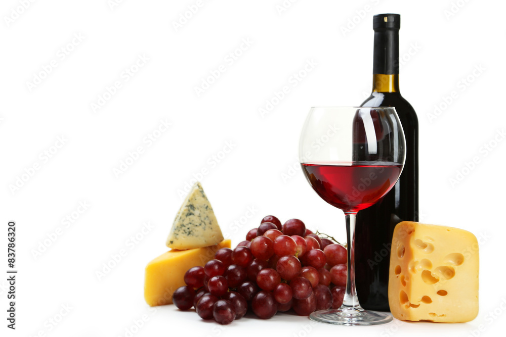 Glass of red and white wine, cheeses and grapes Glass of red and white wine, cheeses and grapes