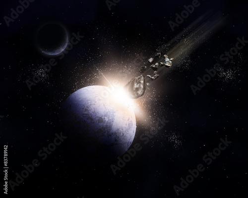Fototapeta Naklejka Na Ścianę i Meble -  3D space background with meteorites colliding with planet