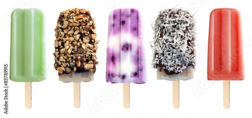 Variety of unique popsicle desserts isolated on white