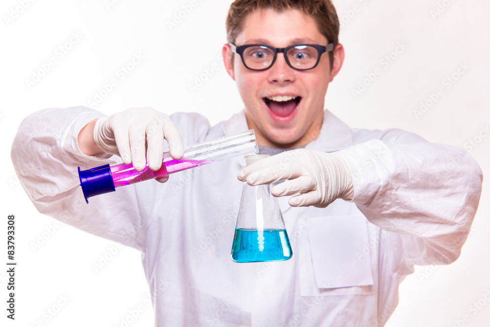 Surprised chemist doing the reaction in the lab Surprised chemist doing the reaction in the lab