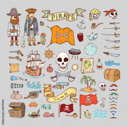  doodle pirate elememts, vector illustration.