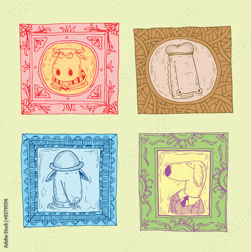 Set picture frames with animals portrait, illustration.