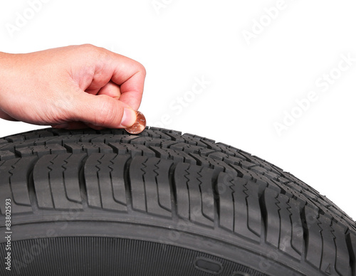hand with american cent coin check tire condition isolated on wh © bestvc