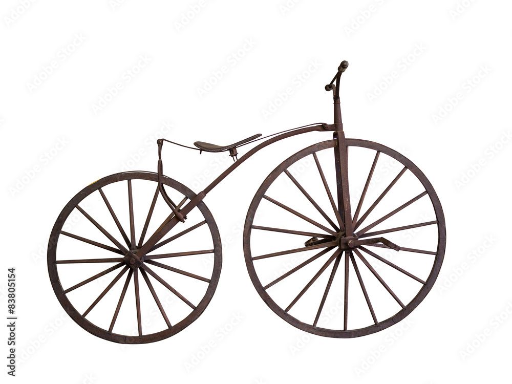 Fototapeta premium Old bicycle with wooden wheels isolated