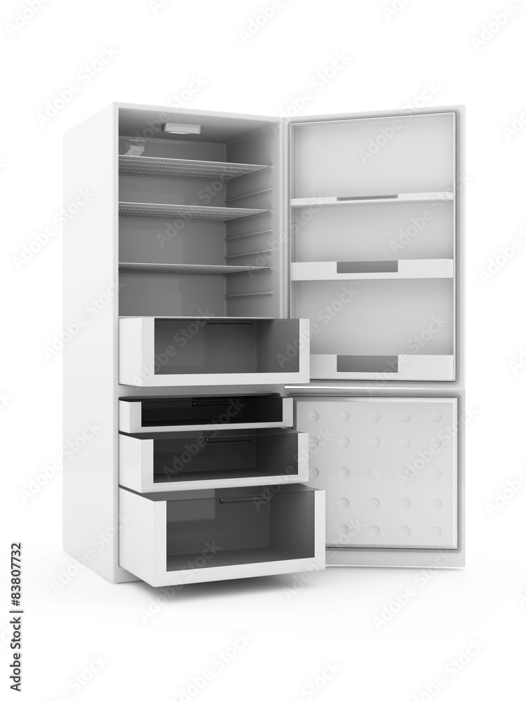 Modern Refrigerator with Opened Doors isolated on white background
