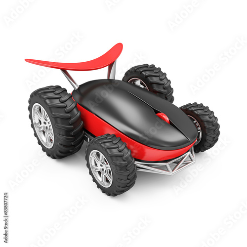 Gaming or Delivery Computer Mouse Concept. Modern Computer Mouse on Wheels isolated on white background