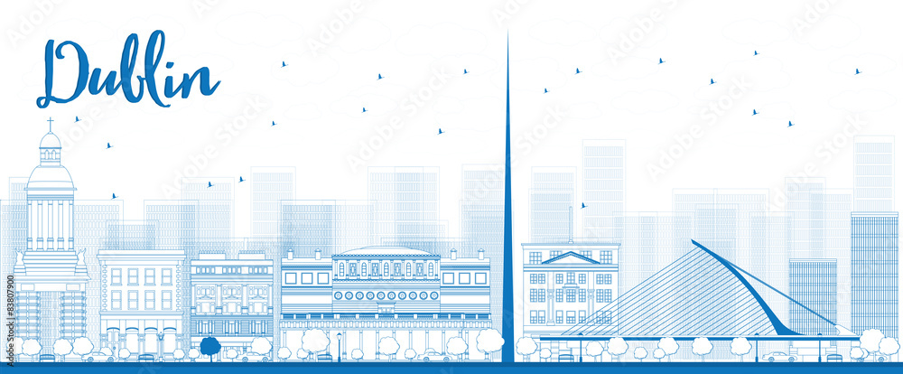 Outline Dublin Skyline with Blue Buildings, Ireland