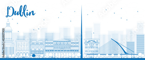Photography Outline Dublin Skyline with Blue Buildings, Ireland