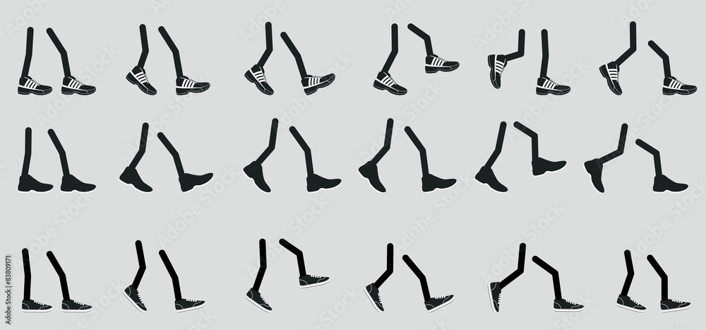 Various legs in shoe, walking feet sneakers in various positions
