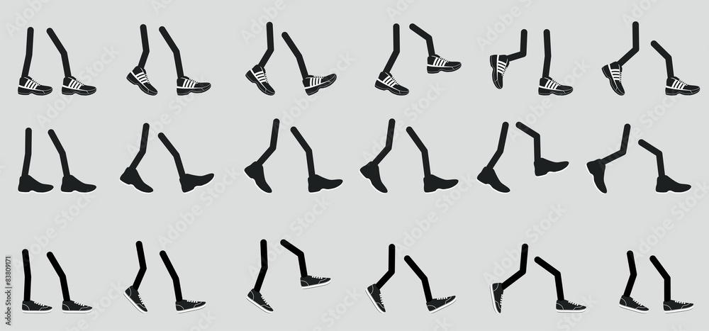 Various legs in shoe, walking feet sneakers in various positions Various legs in shoe, walking feet sneakers in various positions