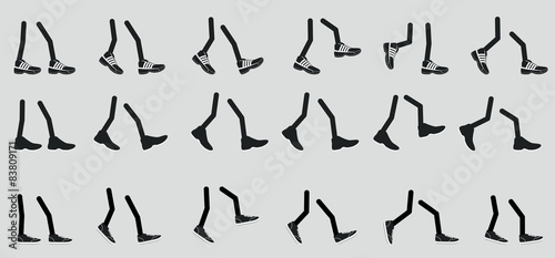 Various legs in shoe, walking feet sneakers in various positions