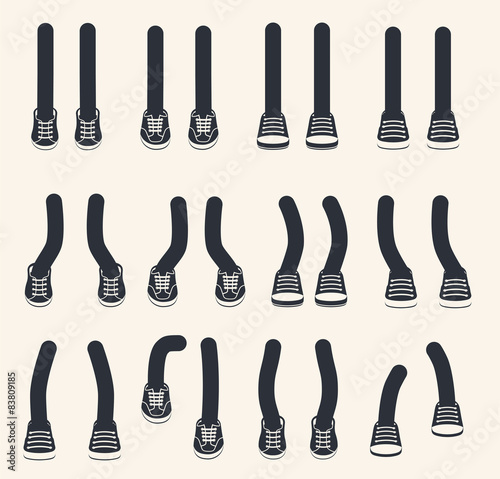 Various legs in shoe, walking feet sneakers in various positions