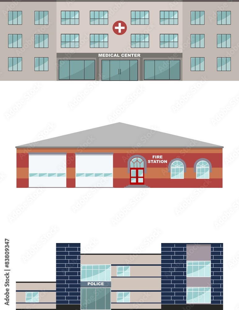 Buildings isolated on white background in flat style. Fire