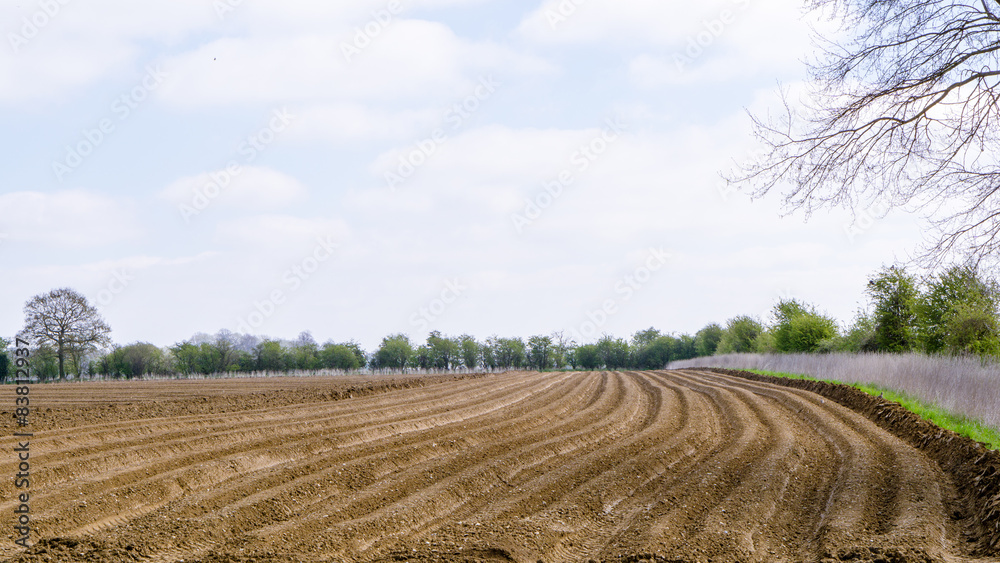 Landscape view of Ploughed farmland in England, UK