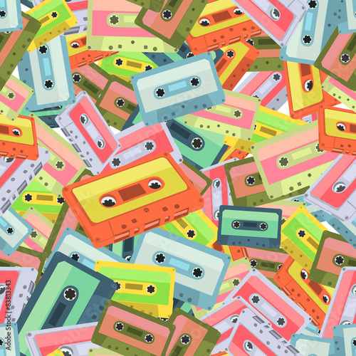 Seamless colorful background made of audio tapes in flat design
