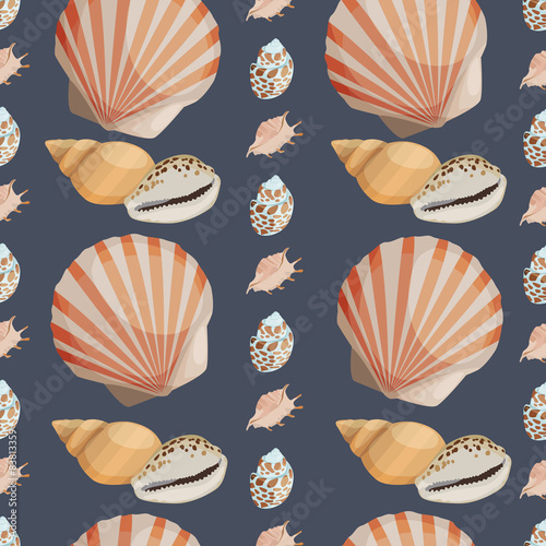 Seamless colorful background made of different shells in flat de