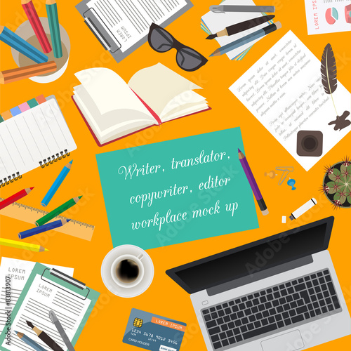Workspace of the writer, translator, copywriter, editor. Mock up