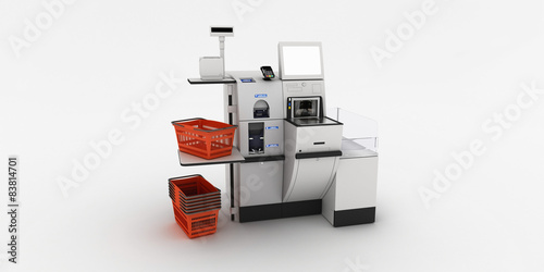 Self-checkout machine on a white background
