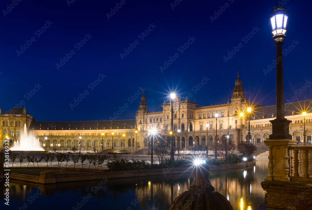  night view of Plaza de Espana. Seville, Spain