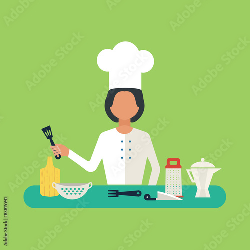 Flat design concept icons of kitchen utensils with a chef. 